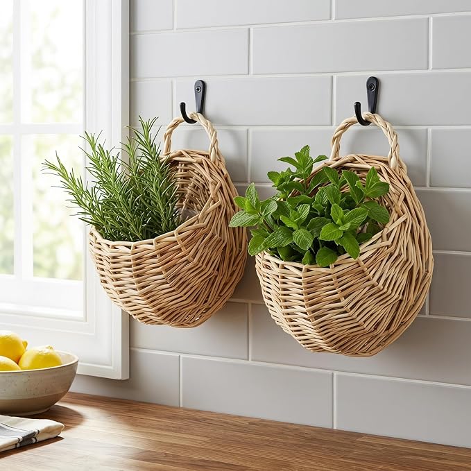 DOITOOL Willow Wall Basket, 2PCS Flat Back Woven Hanging Planter, Semi Circular Baskets, Boho Flower Holder, Wall Hanging Willow Storage for Indoor Outdoor Plant Flower Fruit Kitchen Storage