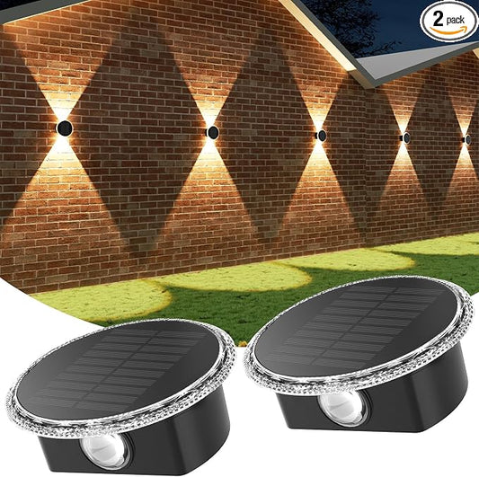 Ellasay Solar Fence Lights: 12 Hours Long Runtime Solar Powered Wall Lights 360° Circular Lighting Up and Down Waterproof IP65 & 3 Modes High Brightness LED Focus Lens for Fence/Porch- 2 Pack