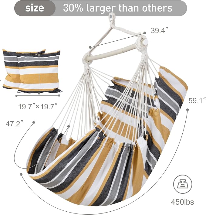 SUNCREAT Hammock Chair Swing with Steel Support Bar, Side Pocket, Large Hanging Chair Outdoor, Max 450lbs Capacity, Coffee Stripes