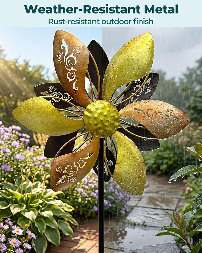 Metal Wind Spinner for Yard, Double-Sided Kinetic Garden Spinner, 37" H Outdoor Yard Decor with 5-Prong Ground Stake, Weather-Resistant Lawn Ornament