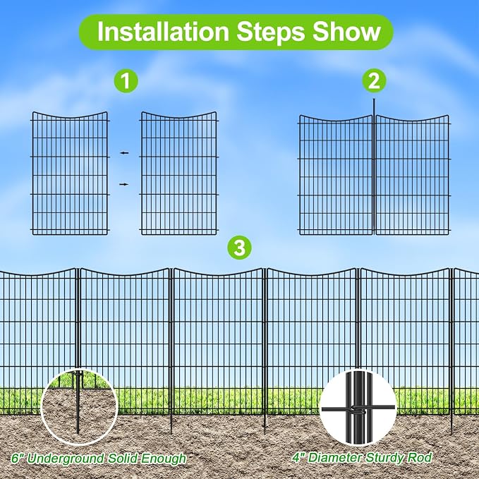 INJOPEXI Decorative Garden Fence 6 Panels 13ft (L)×42in (H) Animal Barrier Fences with 6 Panels Rustproof Metal Wire No Dig Rabbit Fencing Dog Fence for Outdoor Backyard Patio - Without Fence Gate