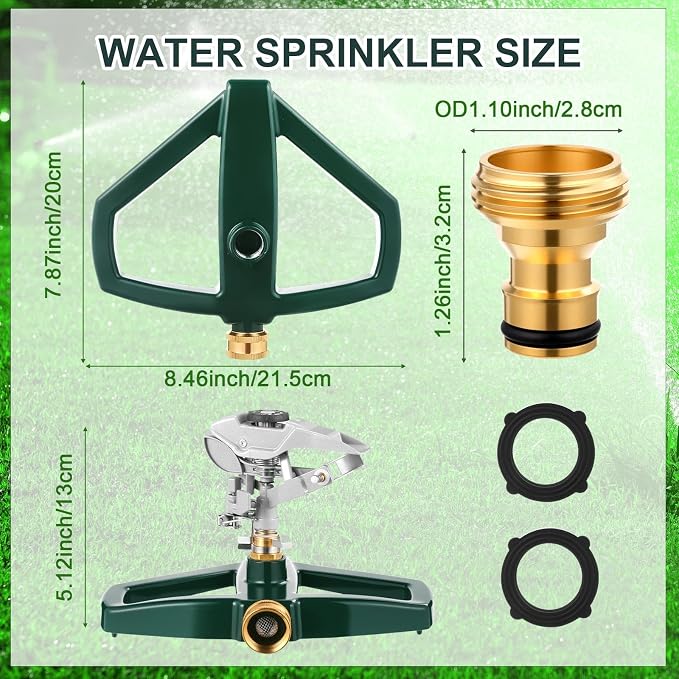 3 Sets Rotating 360 Degree Swivel Garden Sprinkler Pulsating Impact Sprinkler with Metal Base, Heavy Duty Adjustable Garden Hose Sprinklers System for Large Area Lawn Yard(Large Head)