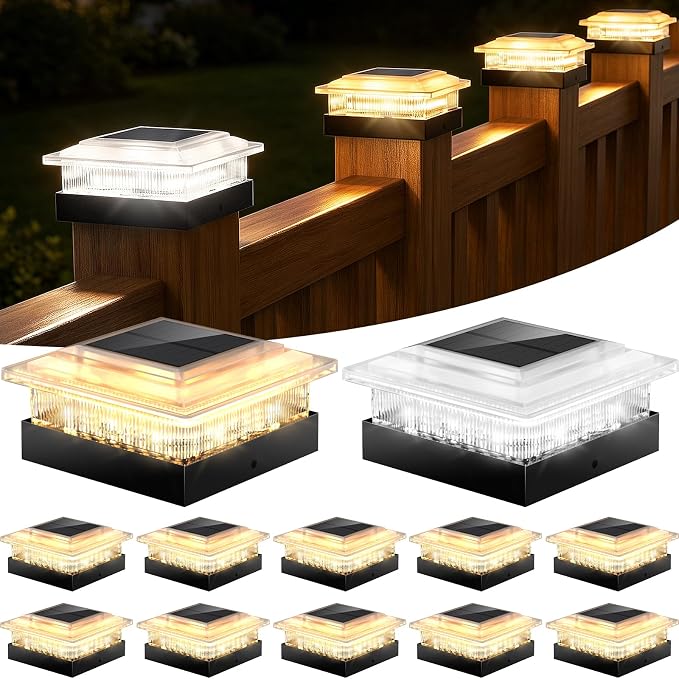 4x4 40 Lumens Post Solar Lights 12 Pack, Fence Post Solar Lights 4 Lighting Modes Solar Post Cap Lights for 4x4 3.5x3.5 Wood/Vinyl Posts, IP67 Waterproof Post Lights for Fence Mailbox Porch Post