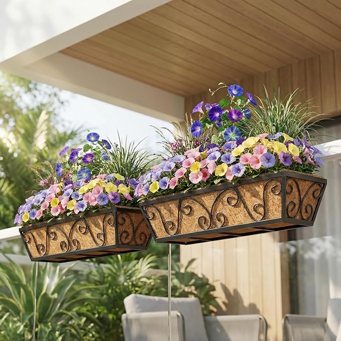 24 Inch Railing Planter Box 2 Pack, Adjustable Window Metal Box Planter with Coco Liner, Hanging Flower Planter for Balcony Deck Fence Porch Patio, Black