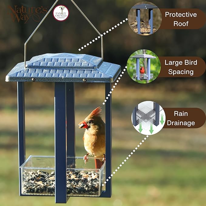 Nature's Way Fly-in Hanging Metal Fly Through Bird Feeder with Roof, 4 Cup, Easy to Clean and Fill, Wild Bird Feeder and Outdoor Décor, Blue