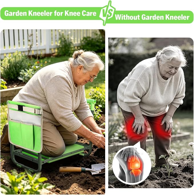 Garden Kneeler and Seat Heavy Duty, Foldable Gardening Stool Bench with Widened Thick Soft Kneeling Pad and Tool Pouches - 2-in-1 Portable Kneeling Device for Seniors (Green)