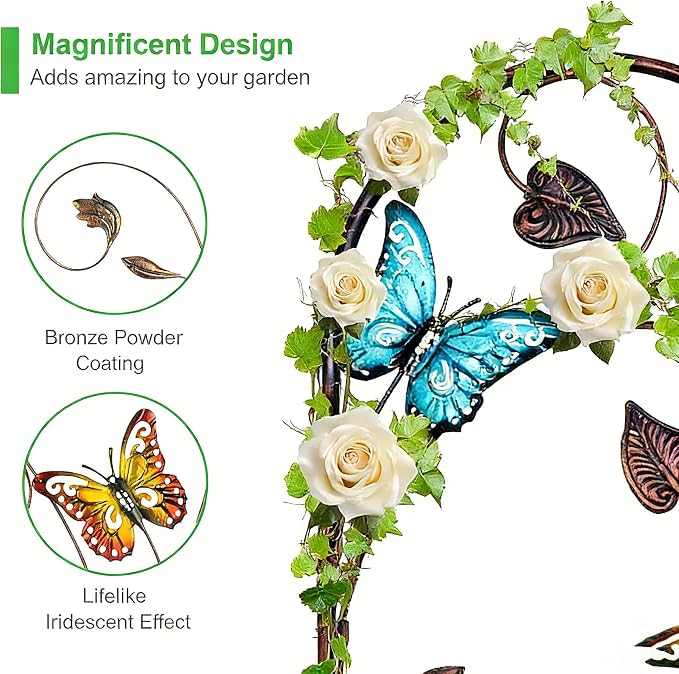 4 Pack Metal Garden Trellis with Colorful Butterfly, Outdoor Decoration Arched Fence Trellis for Climbing Plants for Patio, Backyard, Lawn, Wall Brackets
