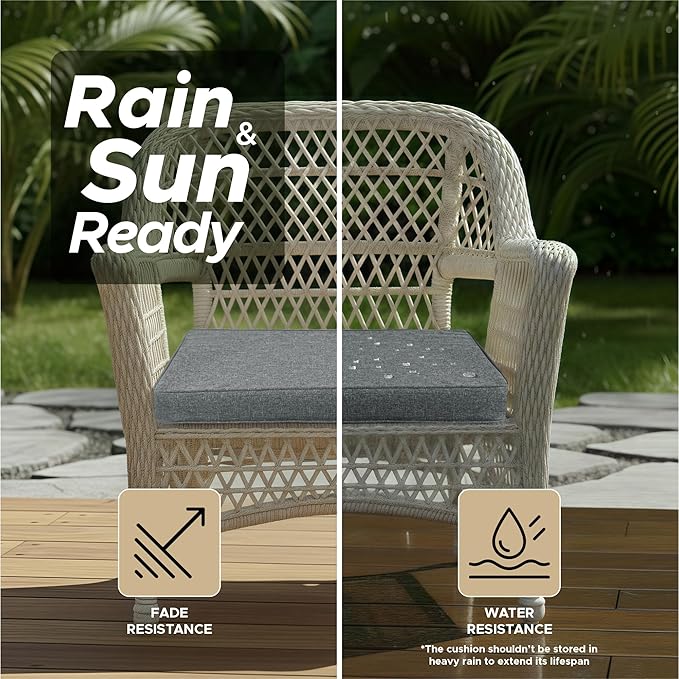 Outdoor Chair Cushions, Water-Resistant & Fade-Resistant, Patio Furniture Seat Replacement Chair Pads with Ties Zipper, Removable Cover, Non-Slip Bottom, Set of 4, 18.5 x 16 Inch, Dark Grey