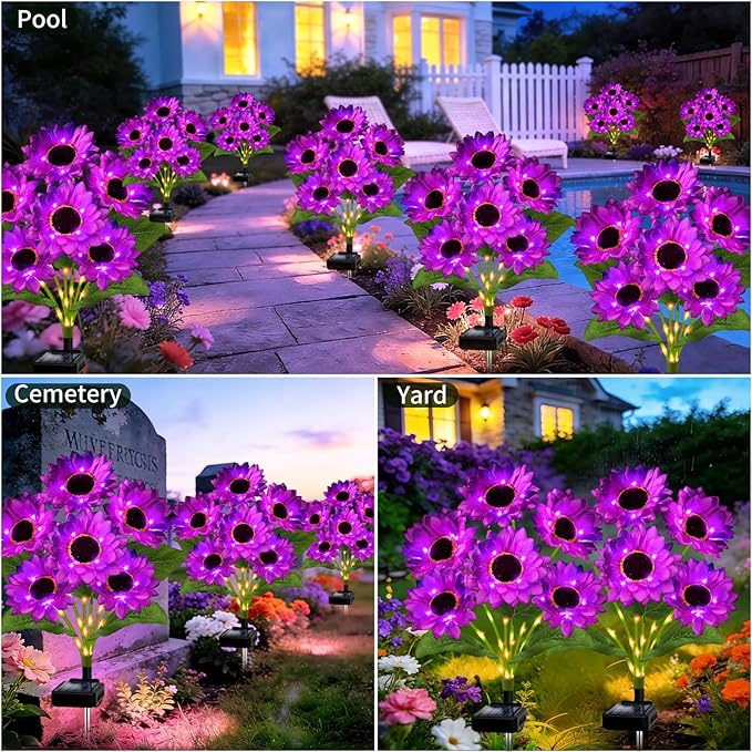 Solar Garden Lights Outdoor, 4 Pack Solar Purple Sunflower Lights with 18 Head 3.4 Inch Flowers, Waterproof Flowers Light Fall Decor Auto ON/Off for Garden Yard Patio Backyard, Gifts for Mom Women
