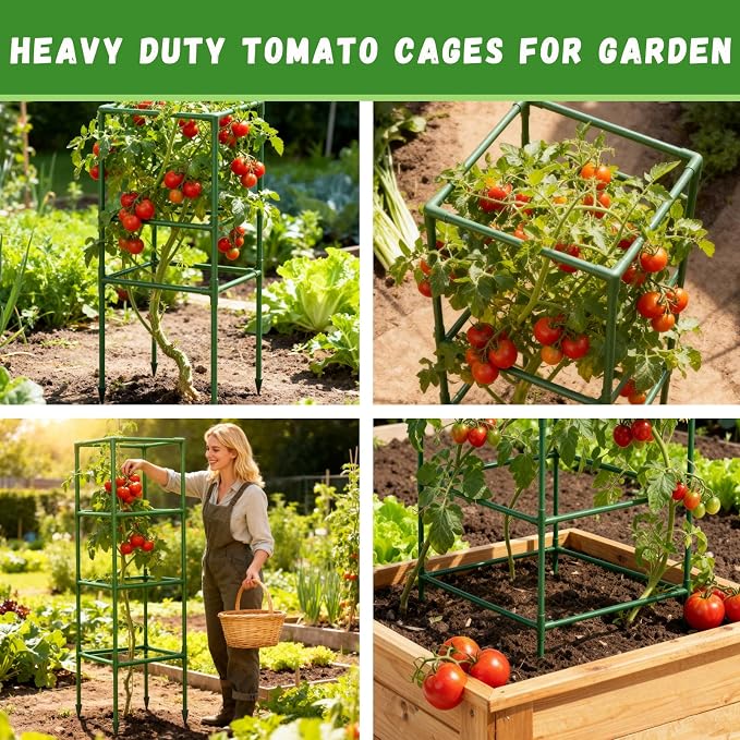 Riare 4 Pack Square Tomato Cages for Garden- 60 Inch Heavy Duty Tomato Stakes Plant Support, Metal Tomato Trellis for Climbing Plants Outdoor, Raised Garden Bed, Vegetables Flowers