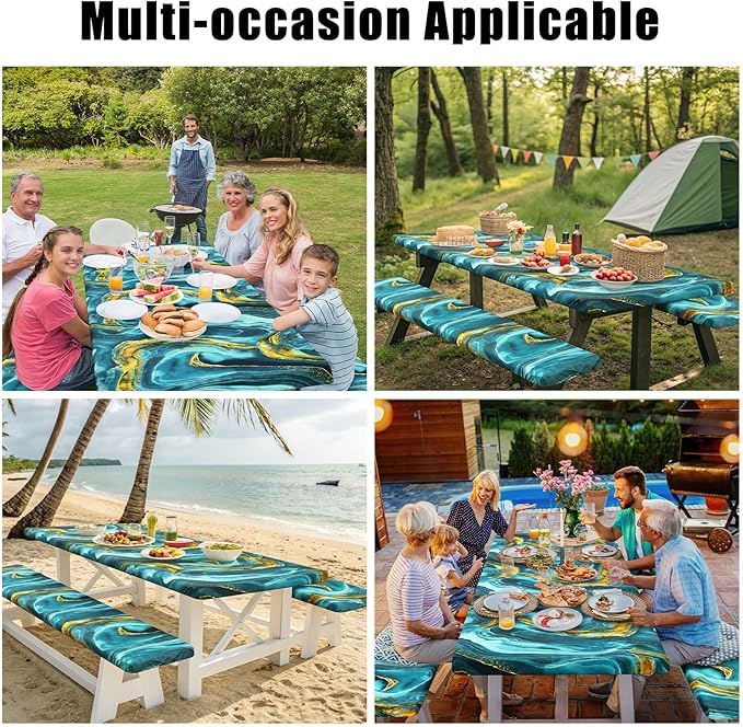 Smiry Picnic Table Cover with Bench Covers, Waterproof Elastic Fitted Tablecloth for 5 Foot Tables, Washable Polyester Tablecloths for Camping, Indoor & Outdoor (Teal & Gold, 30x60 Inch 3-pc Set)