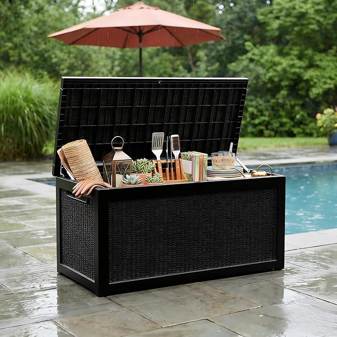 265 Gallon Resin Deck Box Outdoor Storage Chest, Large Waterproof Patio Storage Box All-Weather Garden Storage Container for Cushions, Pool Supplies, Yard Tools – Easy Assembly, Lockable Lid