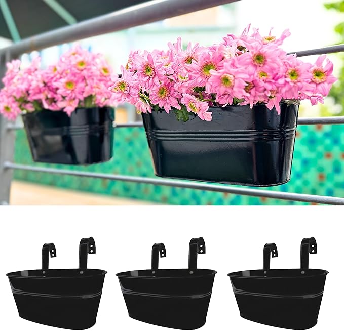LaLaGreen Planter Boxes Outdoor (3 Pack, 9.8 Inch) Small and Cute Black Metal Iron Hanging Flower Pots Deck Railings Fence Modern Garden Boho Style Wall Mount Window Box Plant Holder Porch Decor