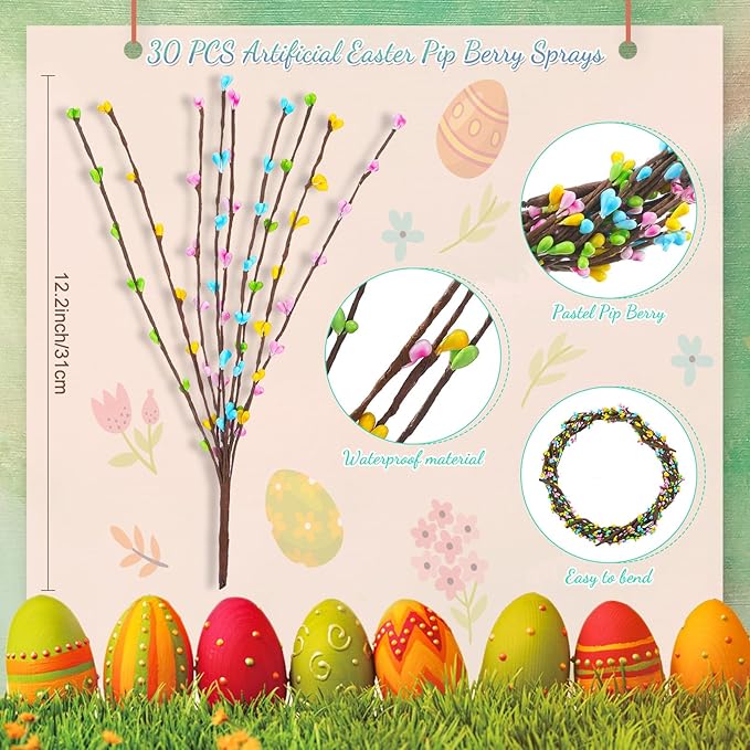 Juinte 30 Packs Easter Berry Garland Artificial Sprays Wire Spring Pip Berry Decorative Garland Picks Floral Pip Picks Stems for Easter Crafts Floral Arrangement Wreath Making