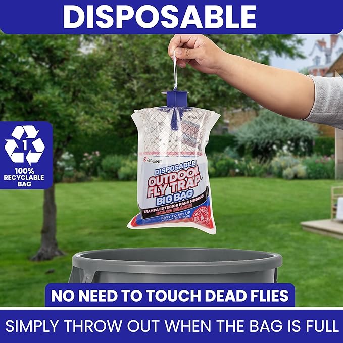 Fly Traps Outdoor Fly Trap for Patio. 2 Large Non-Toxic Pre-Baited Flies Bags Outdoor Disposable. Big Hanging Bug Catchers for All Filth Flies Killer for Outside Bug Control in Yard Horse Ranch.