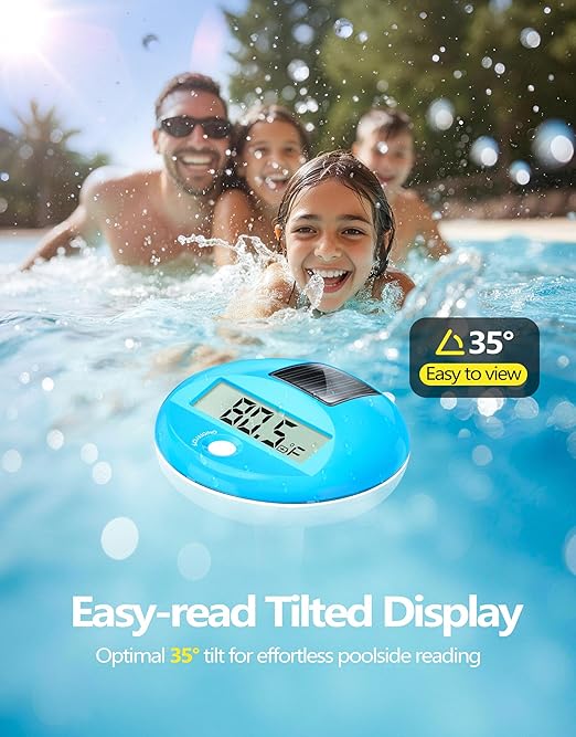 LuxBlue Floating Pool Thermometer Solar Powered | Large LCD Display- Easy to Read | IP68 Waterproof Digital Pool Thermometer with String | Ultra-Precise Pools Water Temperature Gauge for Hot Tub, Spa