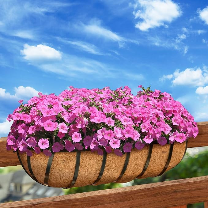 Y&M 4 Pcs Deck 30'' Railing Planters Outdoor Balcony, Large Metal Window Box Deck Railing Planter with Coco Liner for Outdoor Balcony Porch Fence Patio Rail