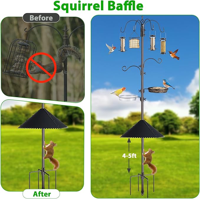 Bird Feeding Station Kit, 94 Inch Adjustable Birds Feeder Stand Pole with 6-Hook, Bird Bath and Mesh Tray, Curved Squirrel Baffle, Freestanding 5-Prong Base