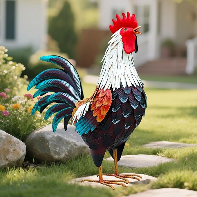 chisheen Metal Rooster Decor,Yard Chicken Decorations,Outdoor Garden Statues, Metal Chicken Sculpture for Backyard Patio Kitchen Decor & Lawn Ornaments