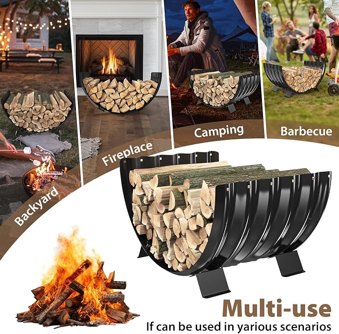 TBMLC 24 inch Diameter Semicircle Firewood Rack Storage -0.8MM Thick Galvanized Steel with Wave Pattern & 4 Stable Feet, Black Coated for Indoor/Outdoor Wood Storage (2FT Diameter)