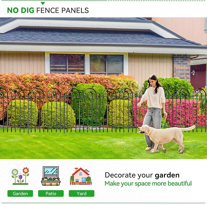 10 Panels Garden Fence, 42in(H)×21.6ft(L) Tall No Dig Fence Animal Barrier, Heavy Duty Metal Tube Decorative Garden Edging Border, Ground Defense Temporary Fencing for Outdoor Yard, Black