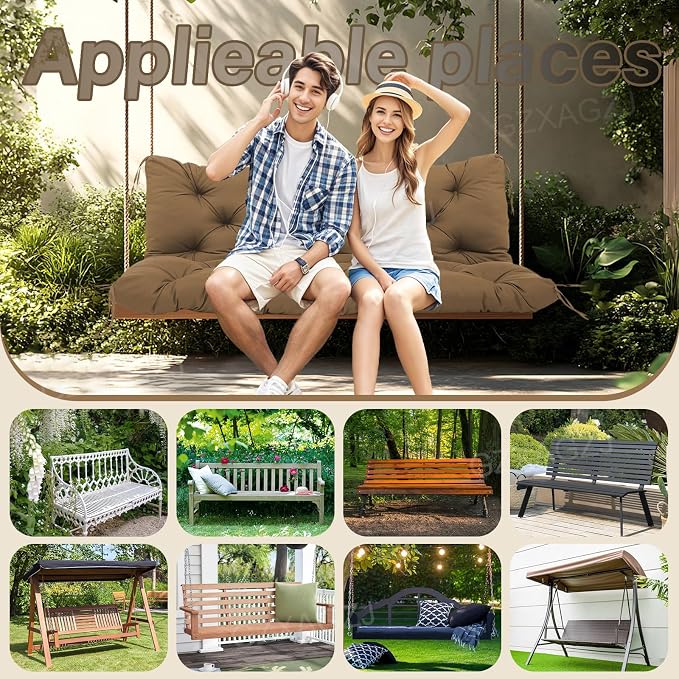 Waterproof Outdoor Swing Cushions 2-3 Seater Replacement Thicken 5" Porch Swing Cushions 48 inch Bench Swing Cushion with Backres and Ties for Outdoor Furniture Patio Backyard Porch(Coffee)