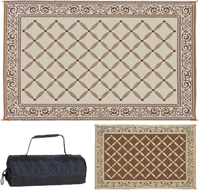 Stylish Camping 116097 6-feet by 9-feet Reversible Mat, Plastic Straw Rug, Large Floor Mat for Outdoors, RV, Patio, Backyard, Picnic, Beach, Camping (Brown/Beige)