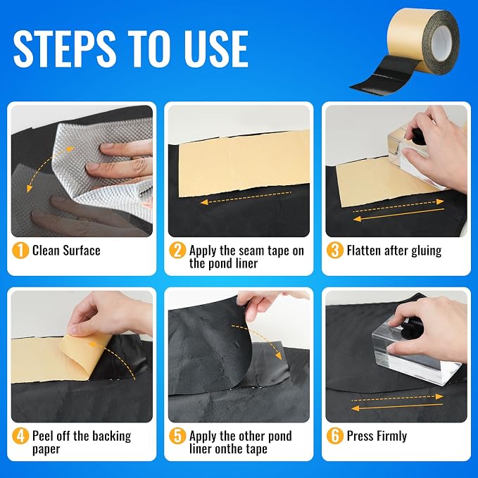 Pond Liner Seam Tape 4" x 40" - Double Sided Butyl Adhesive Tape for EPDM Liners, Waterproof Repair Patch for Ponds, Fish Ponds, Water Features & Outdoor Landscaping (Black)