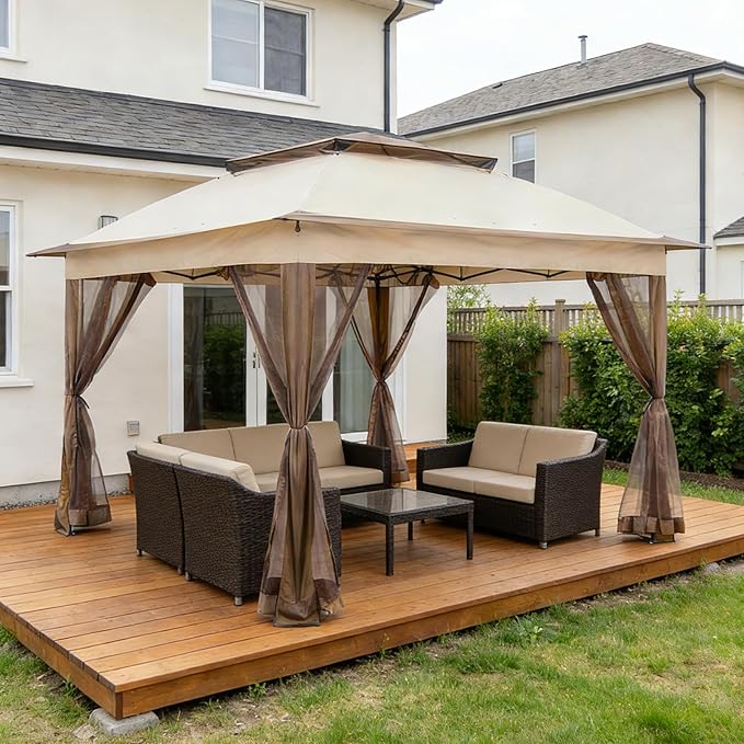 COOS BAY Pop up Gazebo 11x11, Instant Canopy Tent with Mesh Netting, Patio Gazebo with 121 Square Feet of Shade, 4 Weight Bags Included, Beige