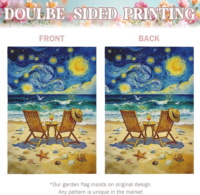 Beach Garden Flag Spring Summer Coastal House Flags Van Gogh Inspired Starry Night Style Ocean Seaside Chairs Yard Banner for Outside Lawn Patio Porch Seasonal Home Double Sided 28 x 40 Inch