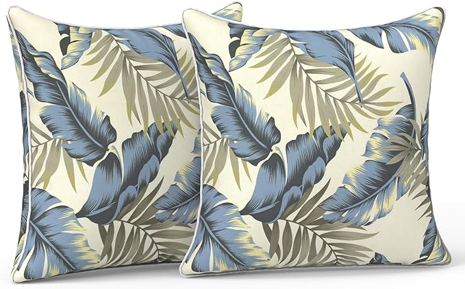 LVTXIII Outdoor/Indoor Throw Pillows, Decorative Patio Accent Pillows, Fluffy Water Repellent Garden Cushions for Home Patio Coach Sofa Use, 16×16 Inch, Pack of 2, ‌Lush Palm Blue