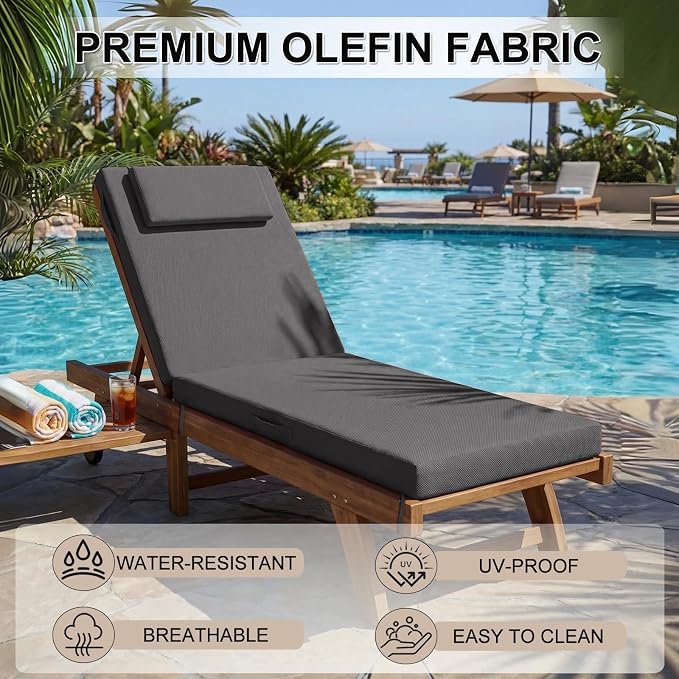 Outdoor Chaise Lounge Cushions, 72x21 Inch Olefin Water & Fade Resistant Pool Lounge Chair Cushions, Patio Sun Lounger Pad with Pillow & Straps for Patio, Pool, Deck, Lawn, Dark Gray