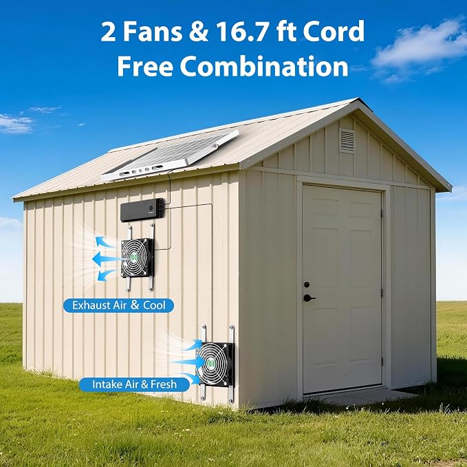 Solar Fan with Battery, 25W Solar Powered Rechargeable Fan Outdoor Waterproof, 12800 mAh Battery Exhuast or Intake Fans, For Chicken Coop Greenhouse Dog Shed Ventilation Cooling