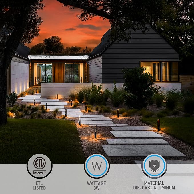 LEONLITE 12-Pack 3W 5CCT LED Low Voltage Path Lights Aluminum Black | LED Landscape Pathway Lights, Outdoor Landscape Lighting, 1800K2700K3000K4000K5000K Selectable, 12-24V, ETL, IP65 Waterproof