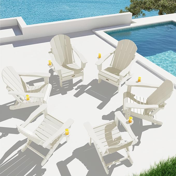 SERWALL Folding Adirondack Chair Set of 2, All Weather Patio Chair with Wood Texture, Fire Pit Chairs for Outdoor - White