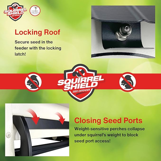 Squirrel Shield Metal Hopper Squirrel Proof Outdoor Wild Bird Seed Feeder, Hanging Bird Feeder, 2 Weight Activated Feeding Ports, Easy to Fill Roof Opening, White
