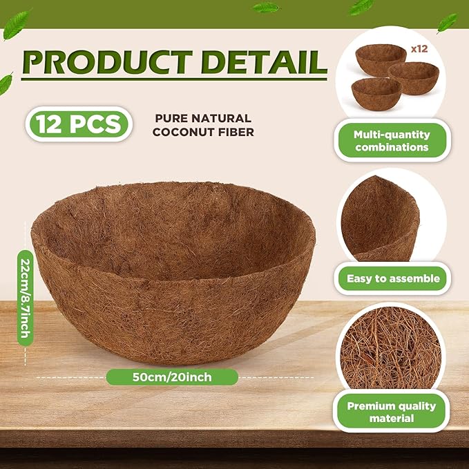 Gerrii 12 Pcs 20 Inch Coconut Liners for Hanging Baskets Coco Liners for Planters Natural Round Coconut Coco Planter Basket Coir Liner for Hanging Basket Flowers/Vegetables