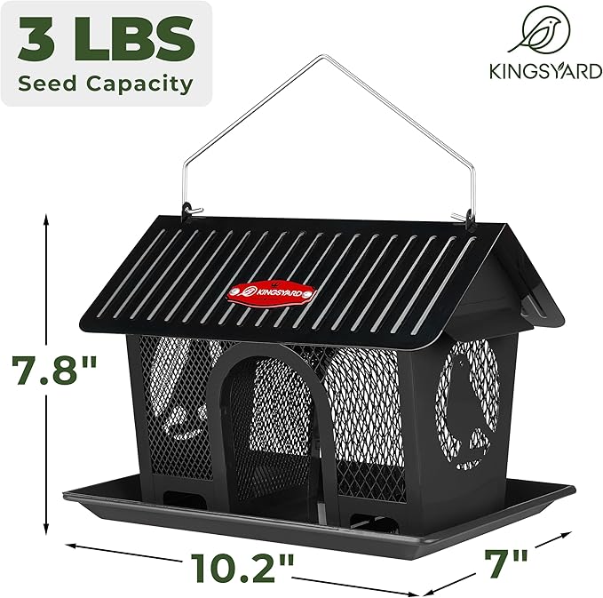 Kingsyard Bird Feeder for Outdoors Hanging, Dual-Use Metal Mesh Wild Bird Feeders with Seed Tray & Weatherproof Roof, 3 lbs Large Capacity, Black