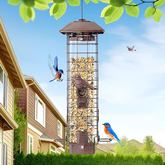 Squirrel Proof Bird Feeder for Outdoors Hanging, 3LB Large Capacity Metal Wild Feeder with Gravity Protection, 4 Ports, Durable & Weatherproof for Cardinals, Chickadees, Backyard Bird Watching
