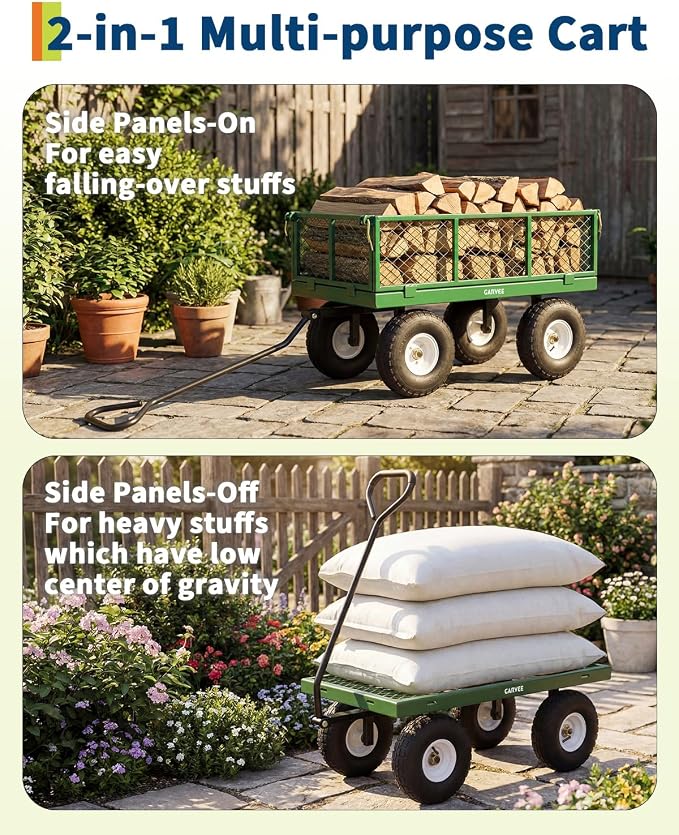 Garvee Versatile Outdoor Utility Cart - 400LBS Heavy-Duty, 10" All-Terrain Pneumatic Tires, Easy Maneuverable Lawn Cart with Removable Mesh Panels for Gardening & Landscaping, Green