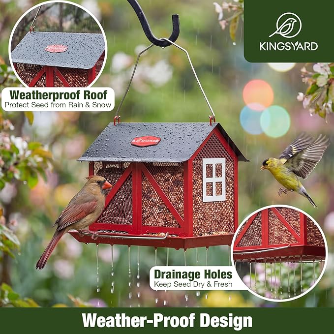 Kingsyard Metal Bird Feeder for Outdoors Hanging, 2-in-1 Wild Bird Feeder with Seed Tray & Built-in Perch, 5 lb Large Capacity for Cardinal Chickadee Finch, Red