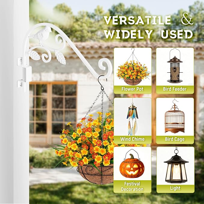 4 Pack 15" Swivel Plant Hangers Outdoor, 6-Angle Adjustable Wall Mount | 30LB Load Solid Iron Plant Hooks for Wall,Planters,Flower Pots,Bird Feeders,Lanterns,Wind Chimes,Indoor and Outdoor use White