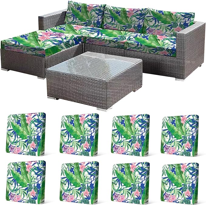 CALBODE 8 Pcs Outdoor Seat Cushion Covers, Stretch Chair Seat Cover for Patio Furniture Cushions Washable Reusable Indoor and Outdoor Couch Cover Replacement (Tropical Plant, Cover Only)