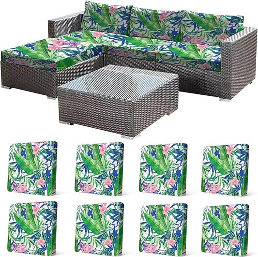 CALBODE 8 Pcs Outdoor Seat Cushion Covers, Stretch Chair Seat Cover for Patio Furniture Cushions Washable Reusable Indoor and Outdoor Couch Cover Replacement (Tropical Plant, Cover Only)
