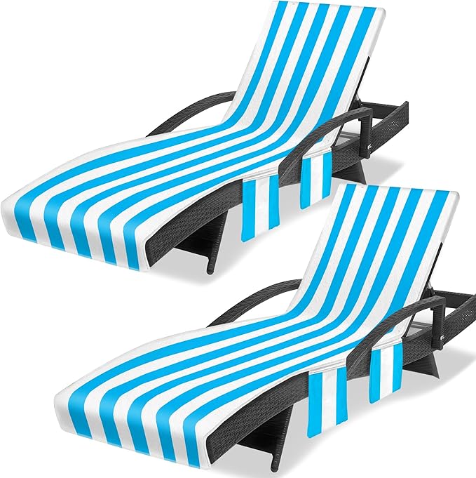 Lounge Chair Towel Cover, Beach Chair Covers (Pack of 2), Chaise Lounge Cover with 3 Pockets for Pool Beach Garden Courtyard Outdoor Trips, 85 x30 in, Striped Sky Blue