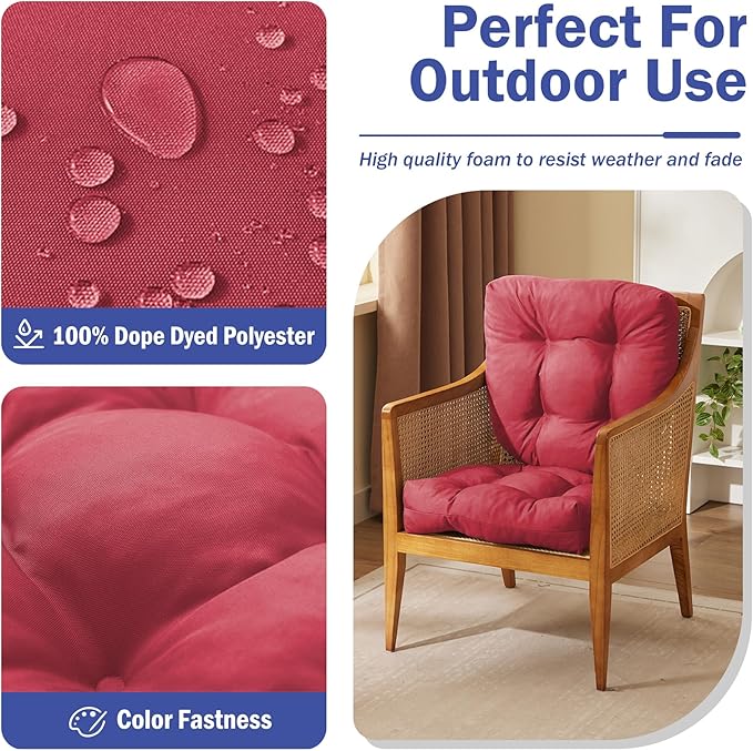 IPYNBAP Outdoor Chair Cushions Set of 2, Patio Chair Cushions with Ties, 17x17+4” Tufted Outdoor Seat Cushions, Waterproof Patio Furniture Cushions, Outdoor Dining Chair Pads, Burgundy (Pack of 2)