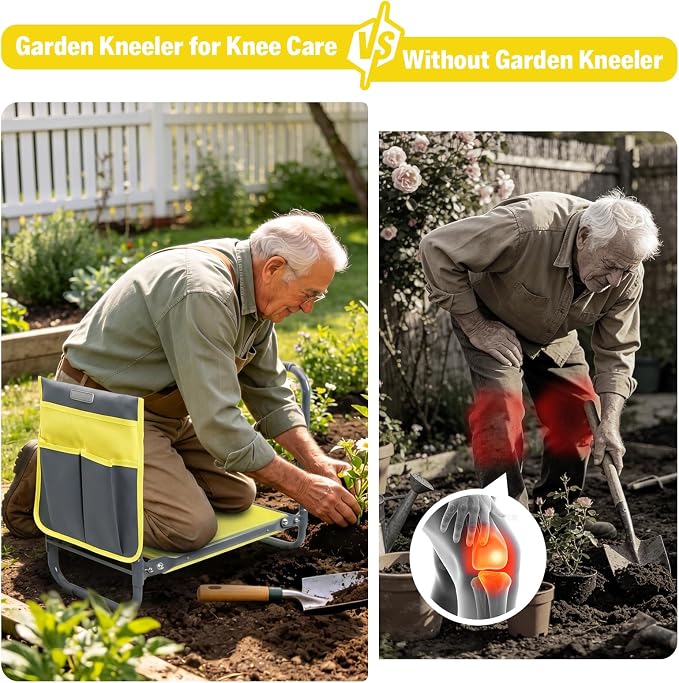 Garden Kneeler and Seat Heavy Duty, Foldable Gardening Stool Bench with Widened Thick Soft Kneeling Pad and Tool Pouches - 2-in-1 Portable Kneeling Device for Seniors (Yellow)