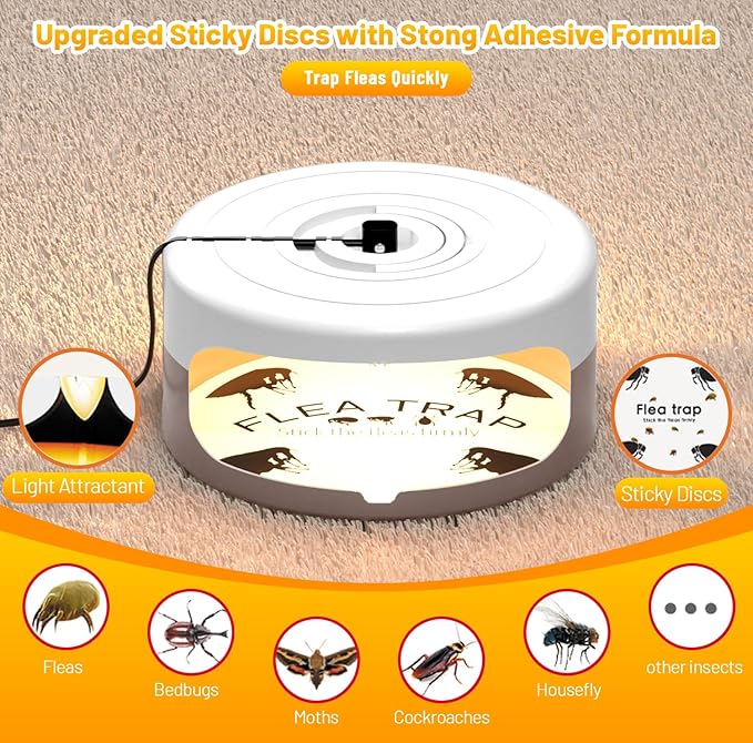 2 Pack Flea Traps for Inside Your Home, Indoor Flea Light, Bed Bug Killer with 8 Sticky Pads & 4 Light Bulb, Odorless Natural Insect Infestation Treatment Trap for Kid Pet