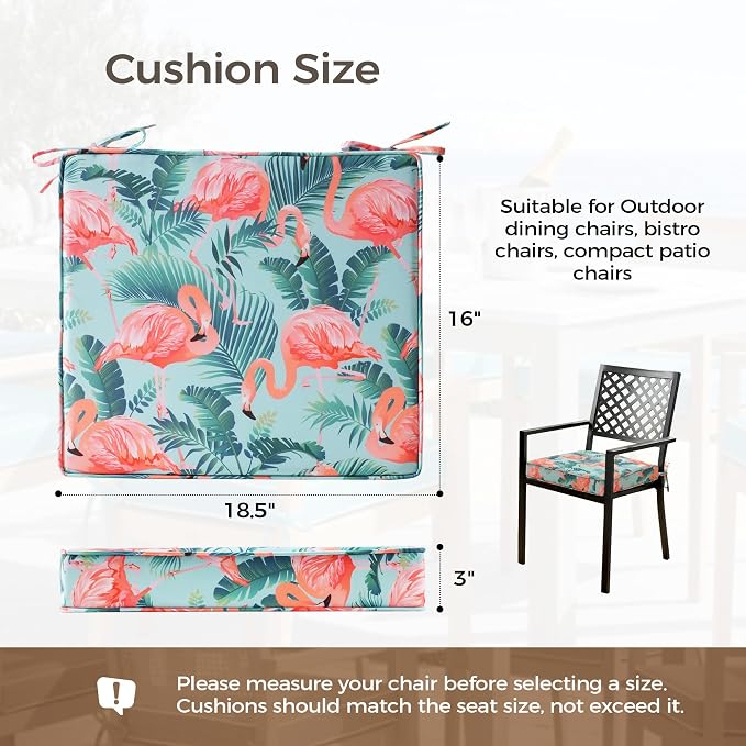 UNIKOME Outdoor Chair Cushions Set of 4, Water Resistant Patio Seat Cushions with Ties for Outdoor Furniture, High-Density Foam, UV & Fade Resistant, Piped Edge – 18.5" x 16" x 3", Flamingos