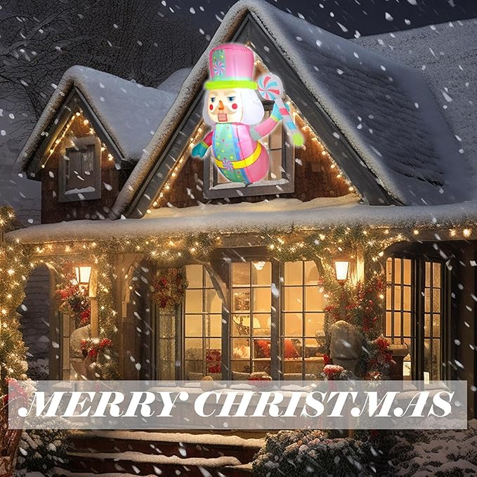 Leyndo 3.5 Feet Christmas Inflatables Pastel Nutcracker with LED Lights Christmas Window Blow up Pink Nutcracker Decorations Hold Pastel Peppermint Lollipop Xmas Holiday Outdoor Decorations